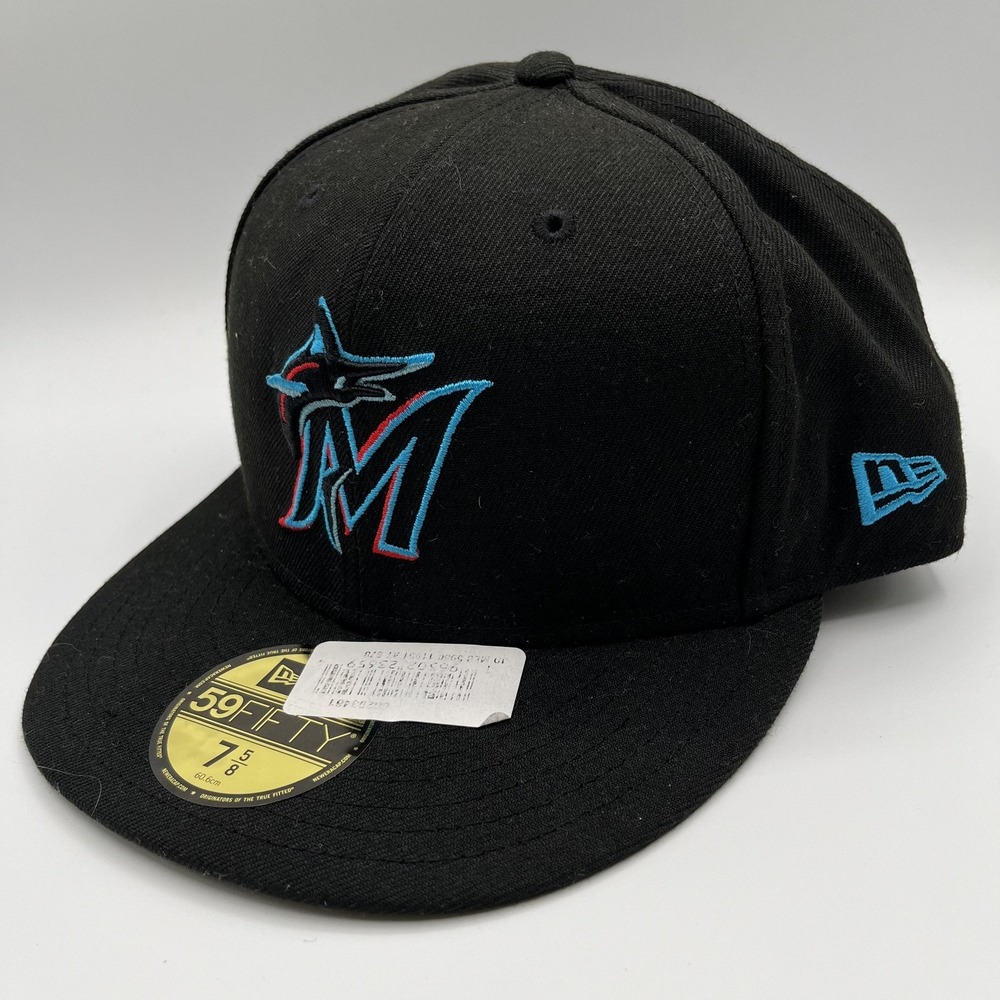 Miami Marlins New Era Hat Fitted Mens 7 5/8 59FIFTY Black Cap MLB NEW